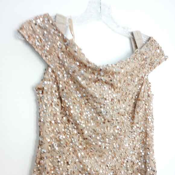 Adrianna Papell Gold Sequined Off-Shoulder Dress - Picture 4 of 13